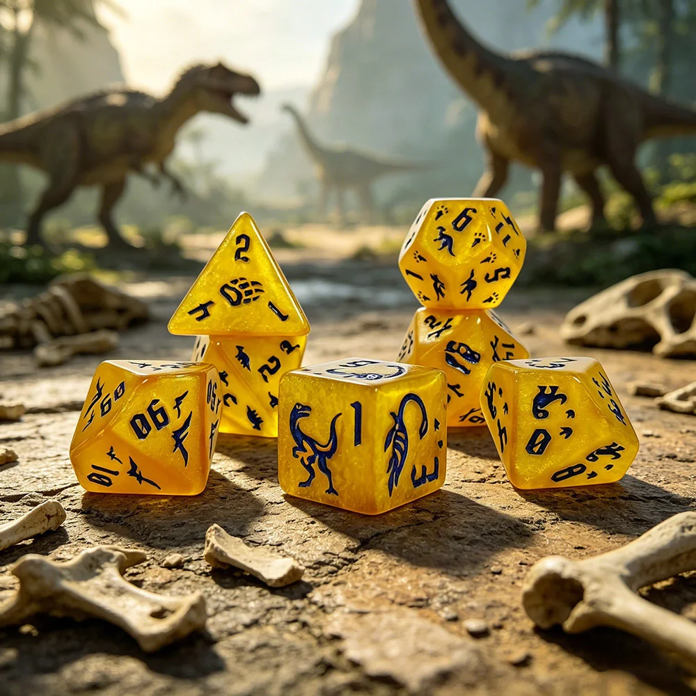 7Pcs Shimmer Golden Yellow Acrylic Polyhedral Dice Set, Blue Engraved Dinosaur & Footprint Rune Symbols Dice, DND RPG MTG Games