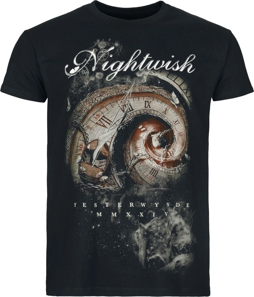 Camiseta de algodão com estampa de relógio espiral Nightwish Yesterwynde, masculina e feminina, banda de metal sinfônico, camiseta unissex