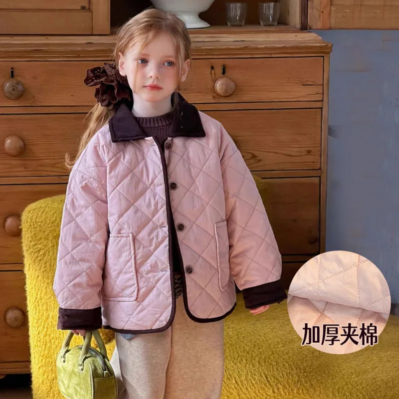 2025 Autumn Winter Pink Girl Quilt Jacket Thick Warm Patchwork Cotton Coat Baby Turn-Down Collar Vintage Jacket 3-10 Year Outfit