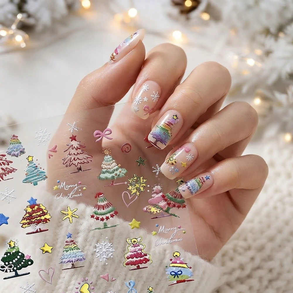 2Pcs 5D Christmas Nail Stickers Cute Hand Drawn Cartoon Xmas Tree Snowflake Nail Art Decals Y2K Winter Holiday Manicure Sliders
