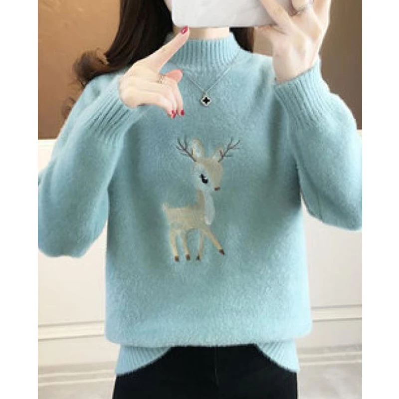 Autumn Winter Women Trendy Cartoon Embroidery Knitted Sweater Female Casual Plush Thick Long Sleeve Pullover Tops Loose Jumpers