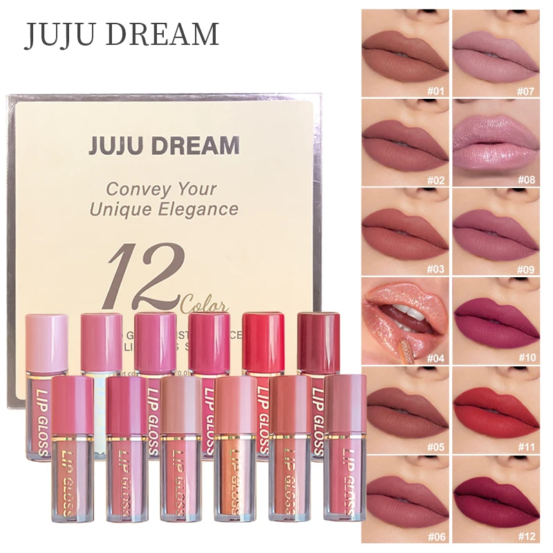 Zestaw 12 szt. płynnych matowych pomadek do ust, perłowy, delikatnie błyszczący błyszczyk do ust - długotrwałe, wielokolorowe odcienie różu i czerwieni