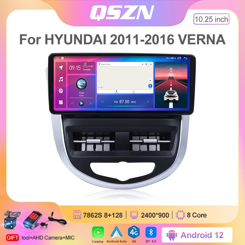 For HYUNDAI 2011-2016 VERNA Android 12 Car Radio Multimedia Video Player GPS CarPlay 10.25 INCH Screen Head Unit 2K QLED Stereo