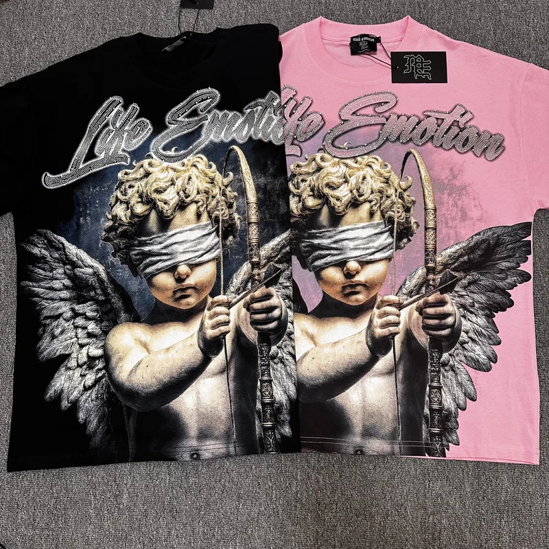 Mixed Emotion Quality Angel Bow Arrow Pattern Rhinestone Short Sleeved Casual Round Neck Loose T-shirt Best-selling Style Stock