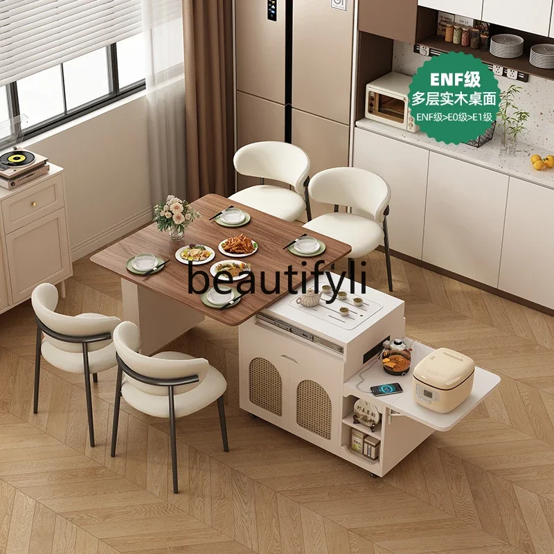 

Rock slab island tea table dining table integrated side cabinet small apartment movable retractable folding smart coffee table