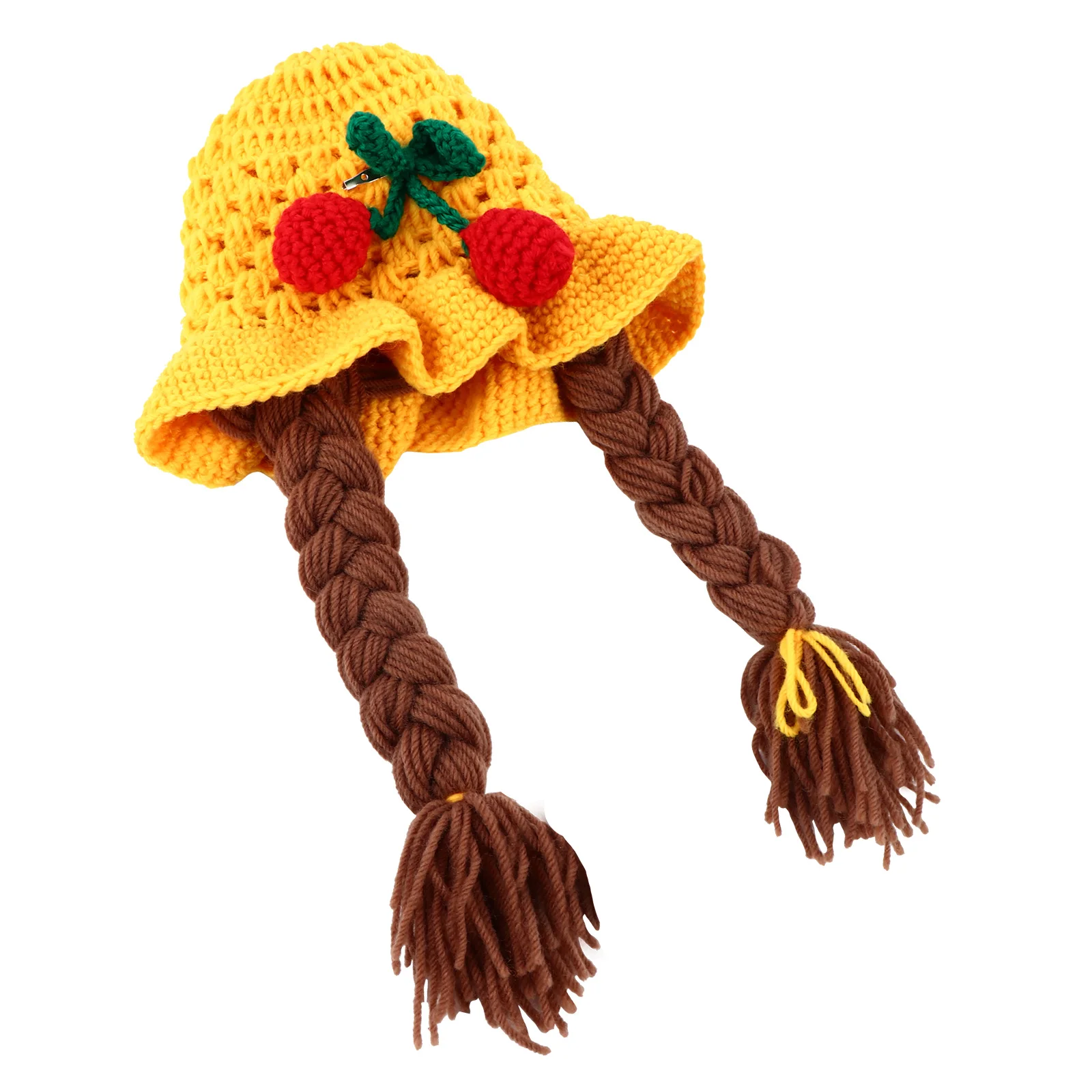 

1pc Baby Woolen Hat Braided Knitting Cap Warm Thick Cherry Design Comfortable Winter Hat For Kids Stylish Wool Cap