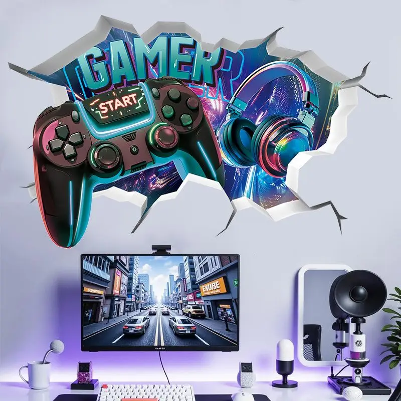 VIKAMA Gamer Game Controller, Headphones, Broken Wall Stickers, Self-Adhesive Waterproof 2D e-Sports Room Wall Decoration