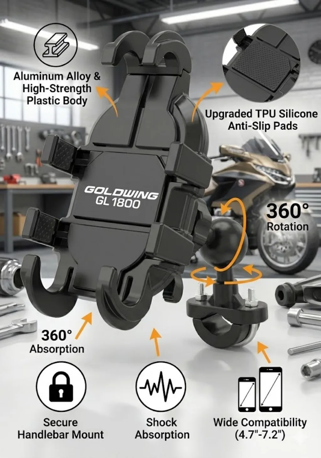 

Новый металлический держатель для телефона для мотоцикла Honda Goldwing 1800 GL1800 2018 2019 2020 2021 2022, бесплатный вращающийся противоскользящий амортизатор