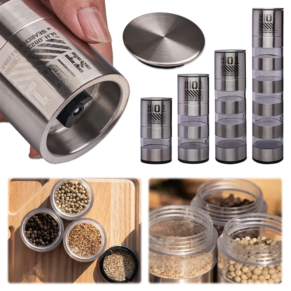 2 In 1 Salt Pepper Mill Stainless Steel Salt Pepper Ginder Portable Seasoning Container for Outdoor Barbecue