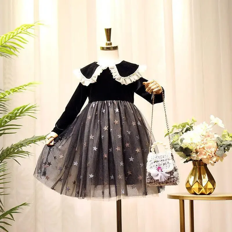 Girl Dress Autumn New Flip Collar Velvet Mesh Gauze Splicing Simple Children Clothing Princess Turn Down Collar 2024