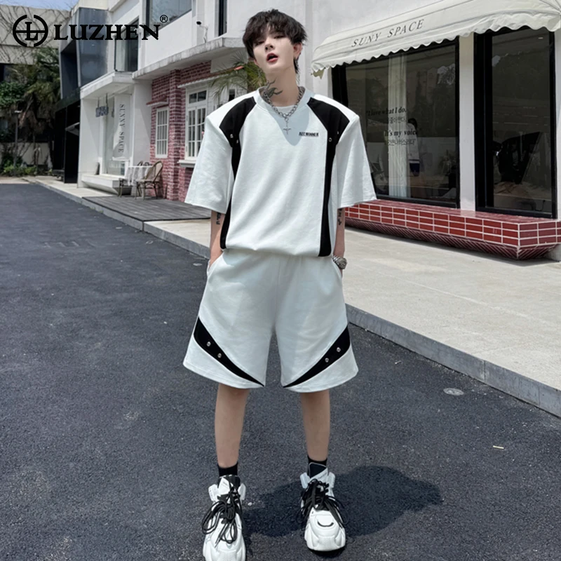 

LUZHEN Letter Printed Color Contrast Design Short Sleeved T Shirts Two-piece Sets Stylish Street Men's Straight Shorts LZ3576