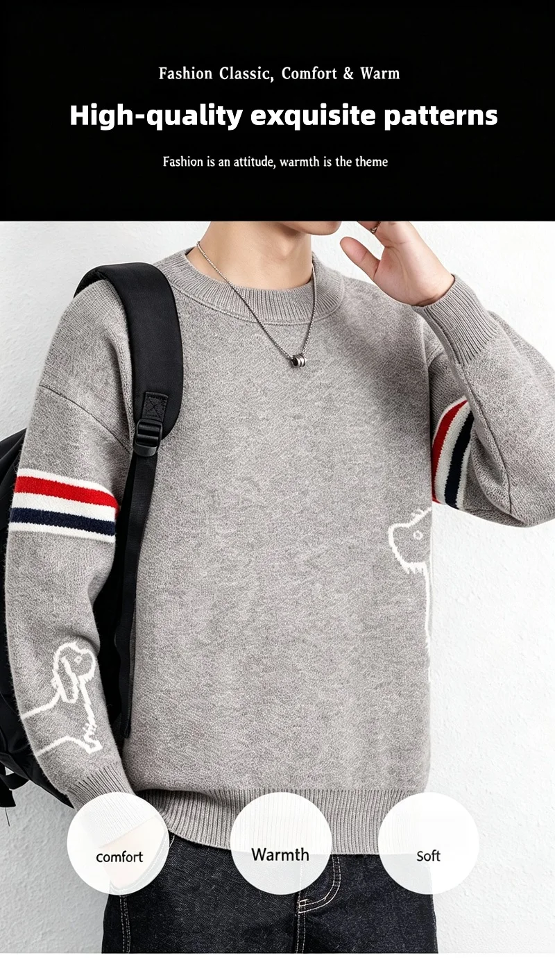 Luxus Marke Pullover Herren Herbst Winter Neue süße Welpen Druck Mode gestreifte Knopf Design Casual Warm Rund Stricken Sweater – Detail 3