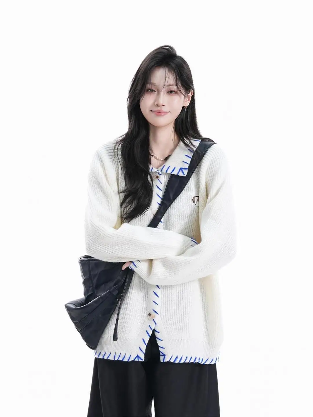 

Вязаный кардиган с вышивкой, свободный крой, осенне-зимний, в стиле «ленивый шик», контрастные цвета