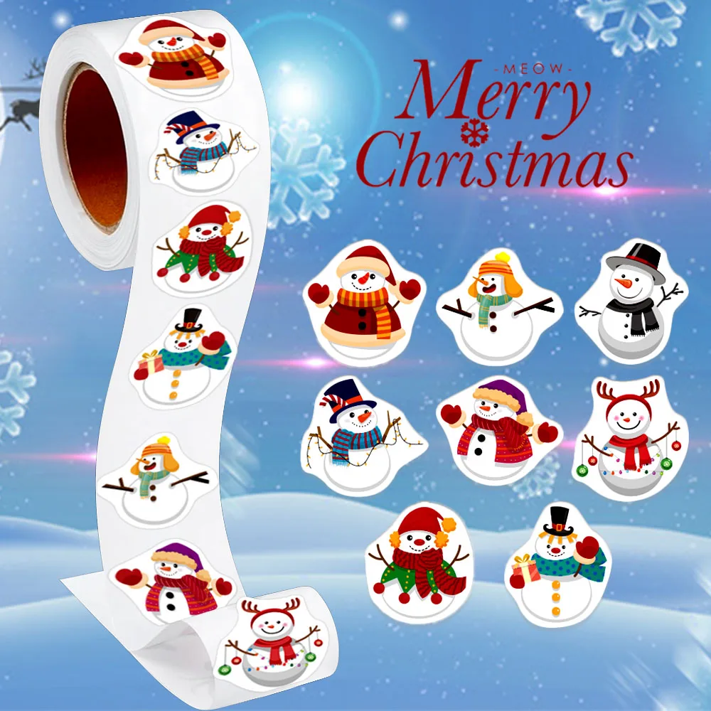 500Pcs/Roll Heterotypic Christmas Themed Snowmans Stickers 8 Designs 2.5cm/1.0\'\' DlY Graffiti Holiday Party Decoration Labels