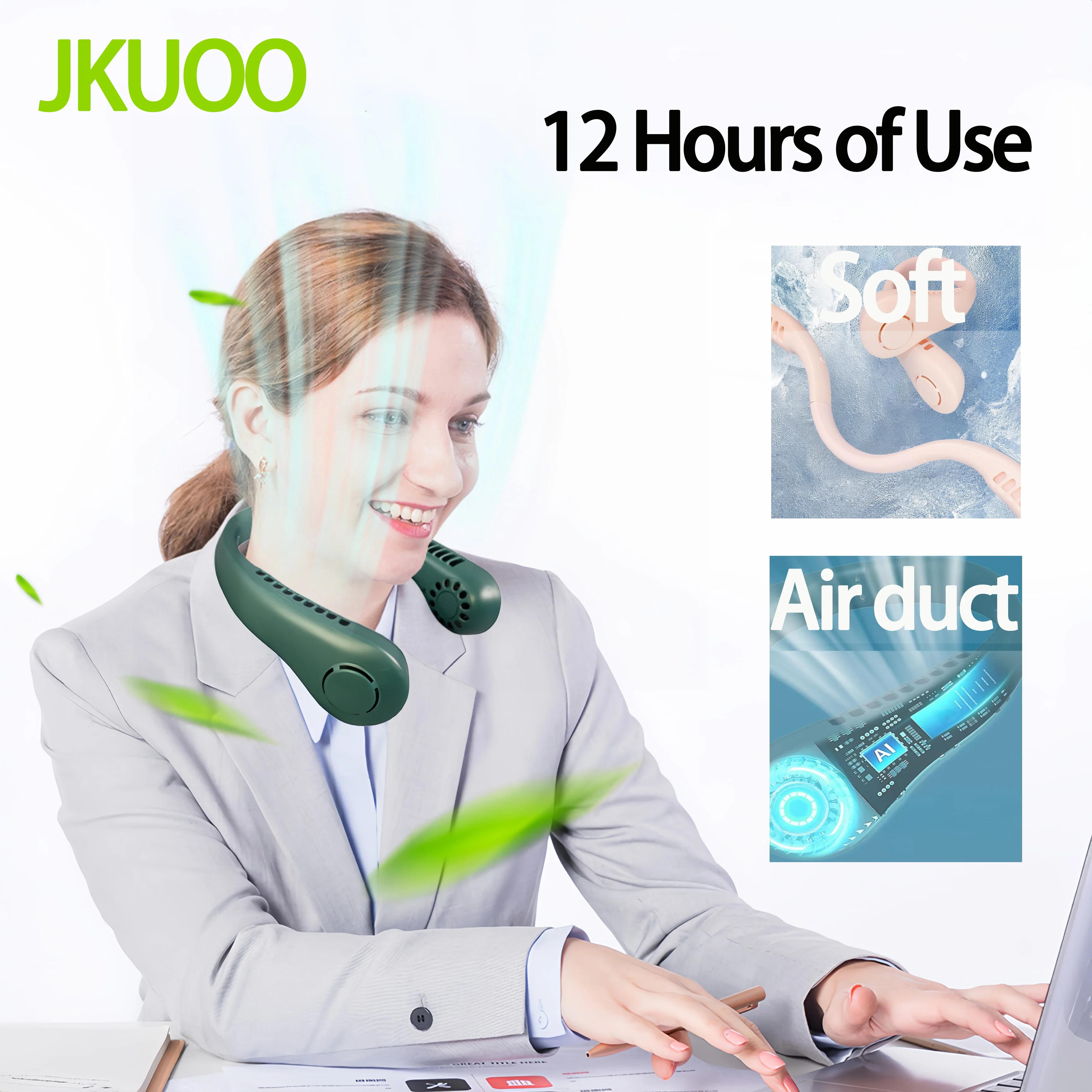 JKUOO Rechargeable Portable Neck Fan Bladeless Personal Hands-Free Cooling Solution for Outdoor Sports