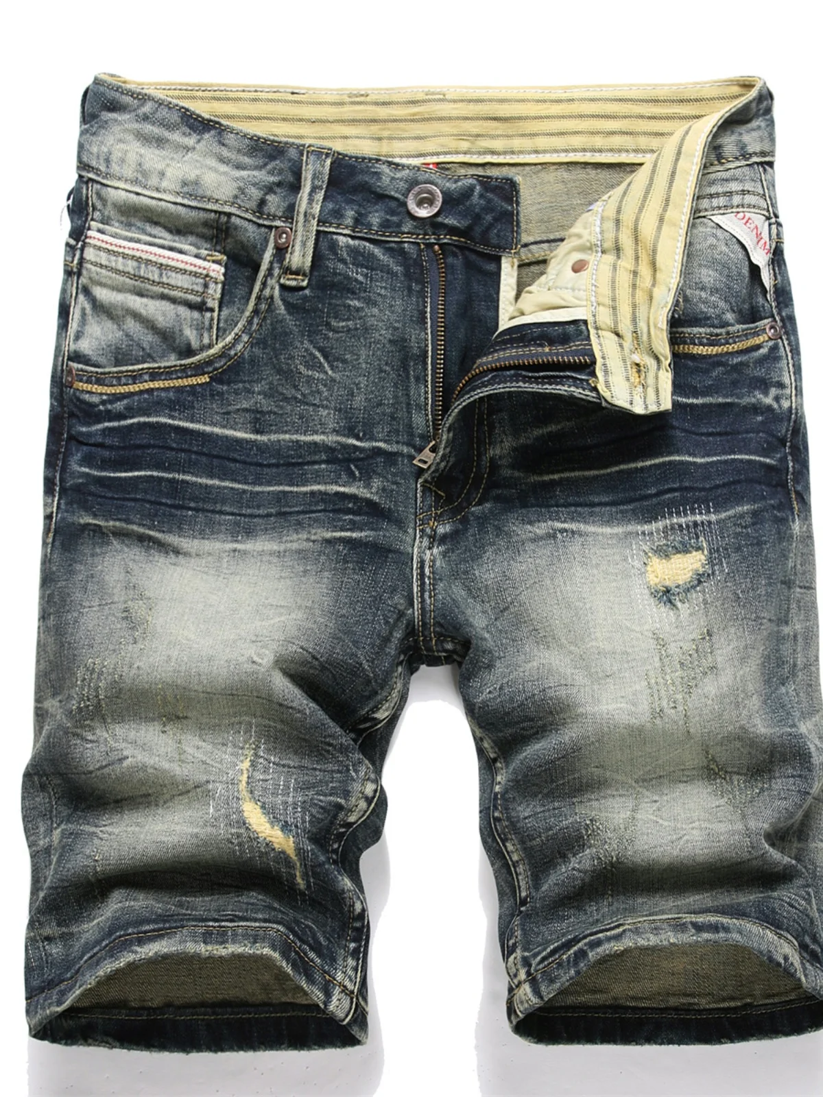 Retro Distressed Men's Denim Shorts Casual Loose Straight Leg Wear Resistant Five-Point Pants Cotton Stretch Summer Jeans