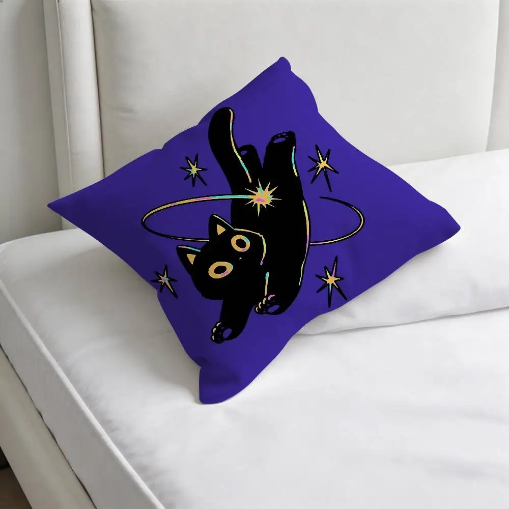 Cartoon D-Drawing Black Cat Decorative Square Pillow Cover Soft & Comfortable Pillow Case Sofa Bed Home Decoration