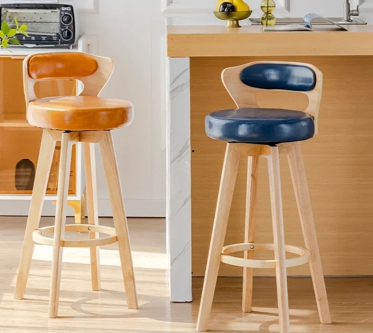 European Solid Wood Bar Chairs Retro Kitchen Furniture Creative Rotating Back High Bar Chair Luxury Home Cafe Front Desk stool