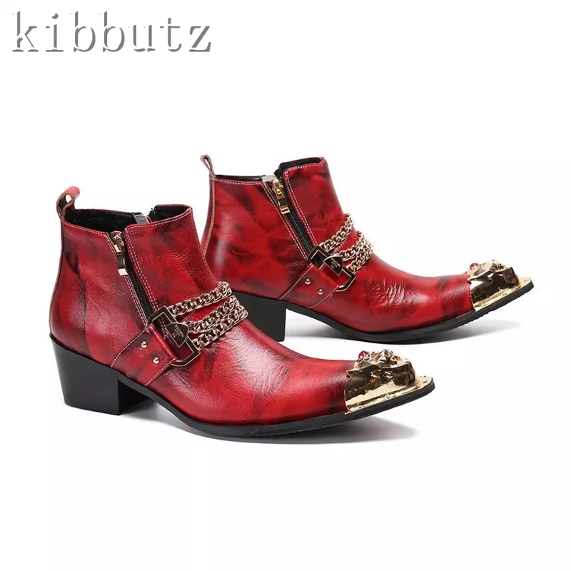 Man Genuine Leather High Heels Pointed Toe Boots Metal Capped Toe Chain Decoration Ankle Boots Fashion Party Wedding Shoes