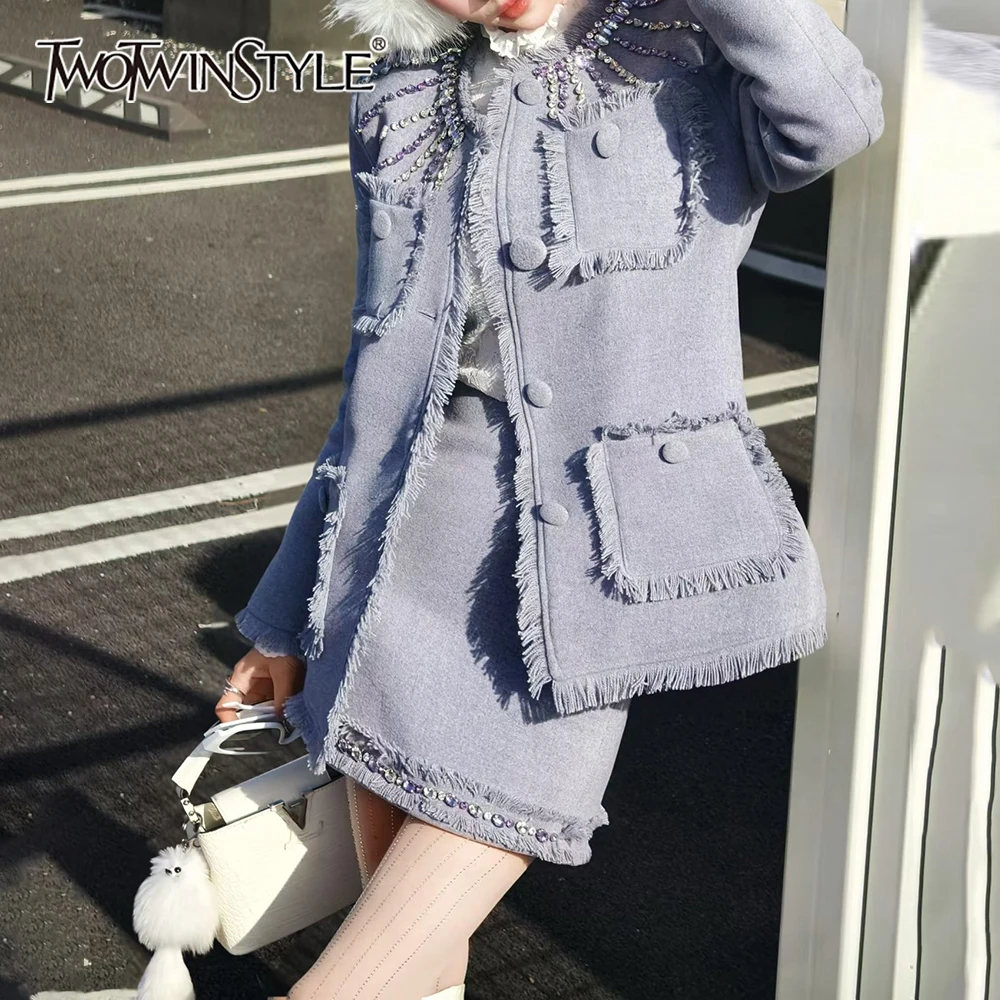 

TWOTWINSTYLE Solid Spliced Pocket Two Piece Set Female O Neck Long Sleeve Jacket Korean Elegant Women's Skirt Set Autumn Fashion