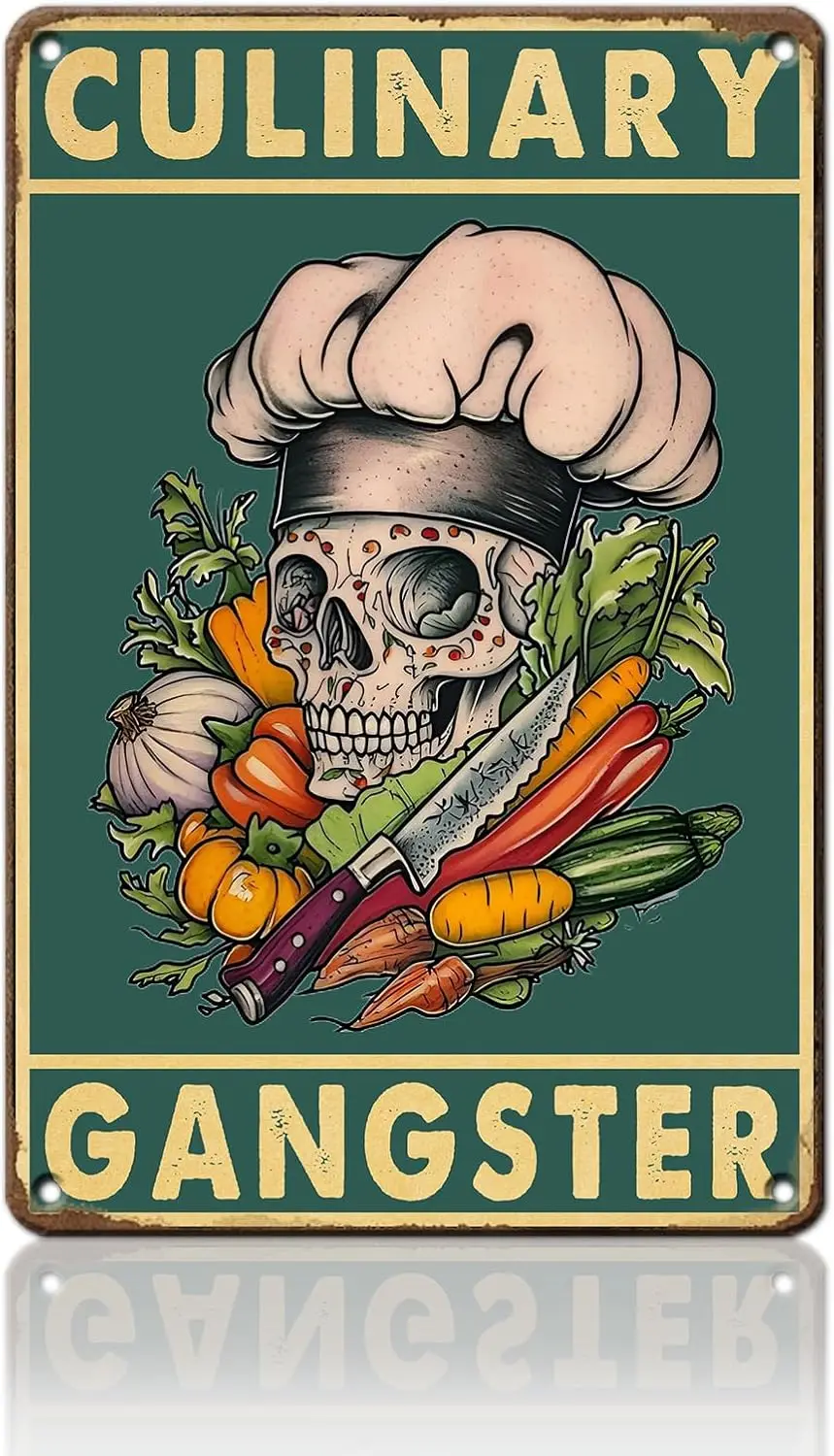 1d,Skull Metal Tin Sign Culinary Gangster Vintage Tin Sign Funny Cool Cooking Poster Wall Decor for Home Bar Pub Man Cafe Vintag