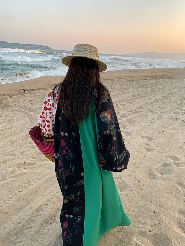 กระโปรงยาวทรงเอพิมพ์ลายดอกไม้สไตล์หลวมสำหรับผู้หญิง ดีไซน์ต่อผ้า  ใส่ได้ทุกฤดู ทั้งฤดูใบไม้ผลิ ฤดูร้อน ฤดูใบไม้ร่วง และฤดูหนาว