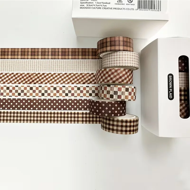 6 rolls of retro checkered pattern and washi tape,1.5 cm wide planner tape, decorative DIY scrapbook and gift box decoration