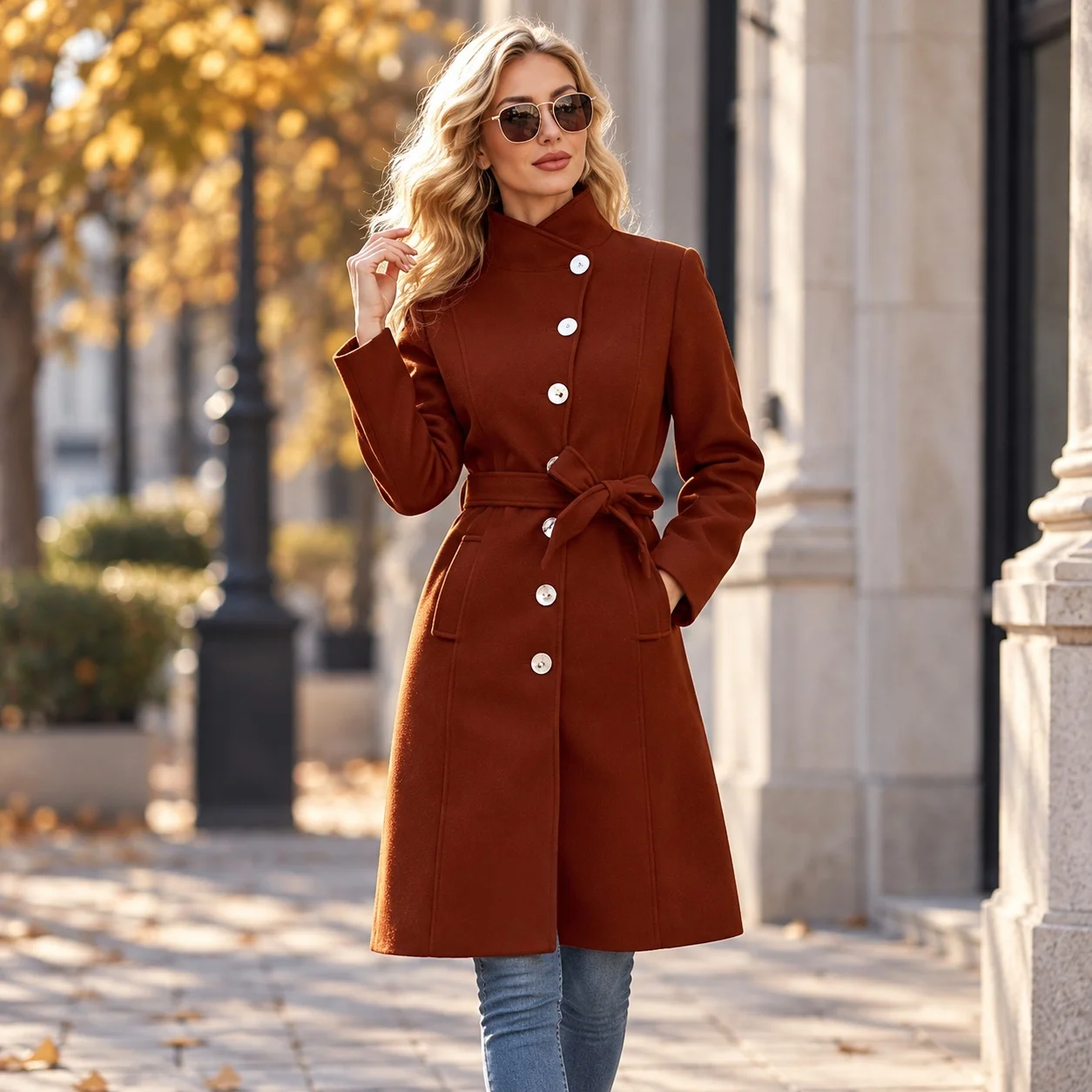 Button Front Stand Collar Coat Regular Fit Elegant Commuter with Long Sleeve Extra Long Single Breasted Women Autumn Coat