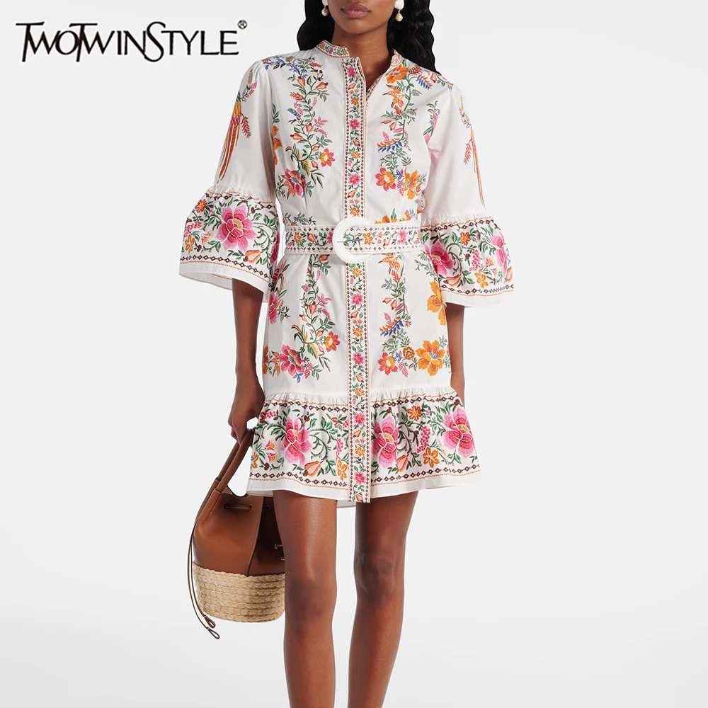 

TWOTWINSTYLE Hit Color Printing Elegant Dresses for Women Round Neck Half Sleeves Patchwork Belt Fashion Dress Female Clothing