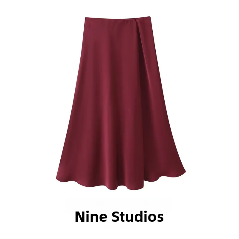 High Waist Silk Satin Midi Skirt Split Double Lapel Half Body Women's Fashion Spring Autumn 2026 A-Line Skirt Elegant