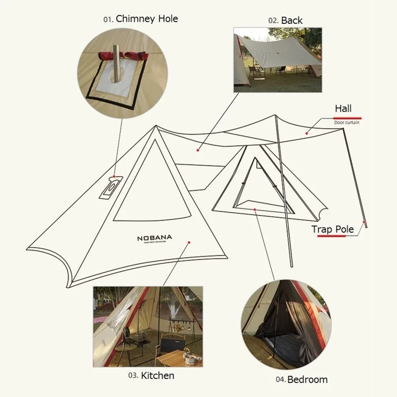 New Bushcraft Tent Shelter Camping Tent With Chimney Hole Large Space Outdoor Hiking Tent Sunshade Canopy Waterproof Travel Tent