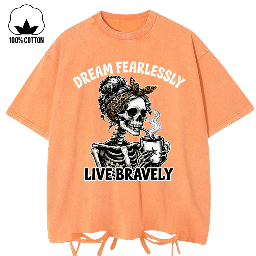 

Dream Fearlessly Hot Drink Skulls Designwomens Washed Holes T-Shirt Loose Y2K T Shirt O-Neck Cotton Tops Hip Hop Soft Clothes