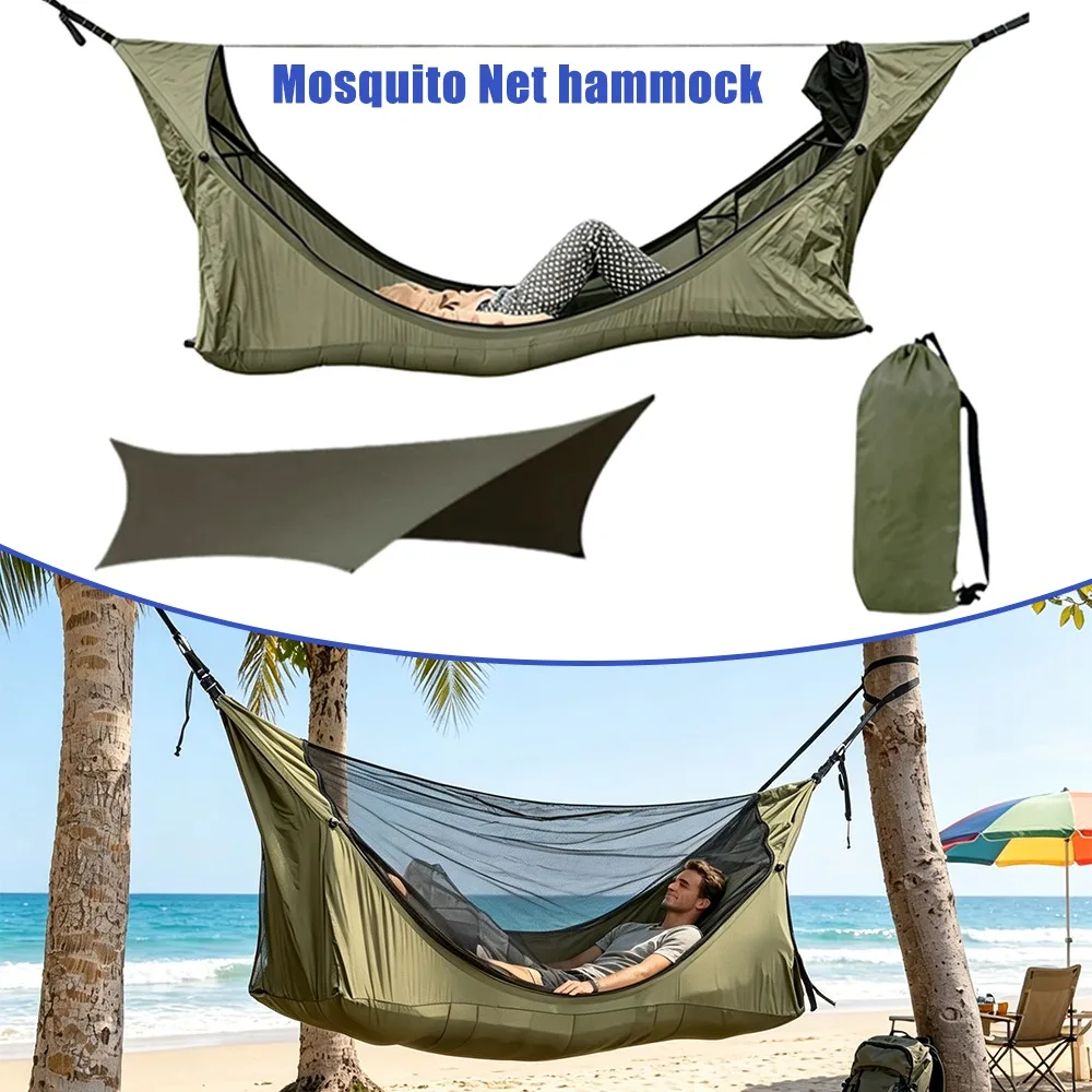 Flat Hammock with Mosquito Net Outdoor Camping Tent Swing Anti Rollover Waterproof Rainfly Insulation Pad Easy Setup