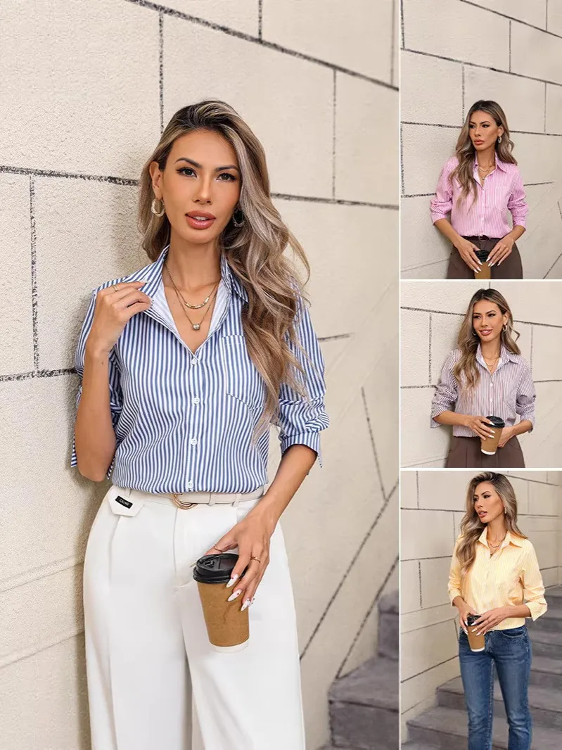 

Spring Autumn Women's Clothing Striped Collar Long Sleeve Loose Fit Blouse For Woman Polyester Four Way Stretch Fabric