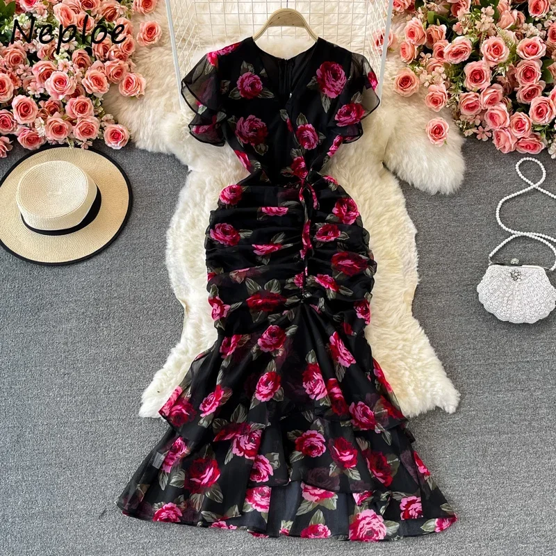 Neploe Maxi Dresses for Women 2024 Temperament Robe Femme V-neck Floral Chiffon Bodycon Fishtail Dress Vestidos Feminino