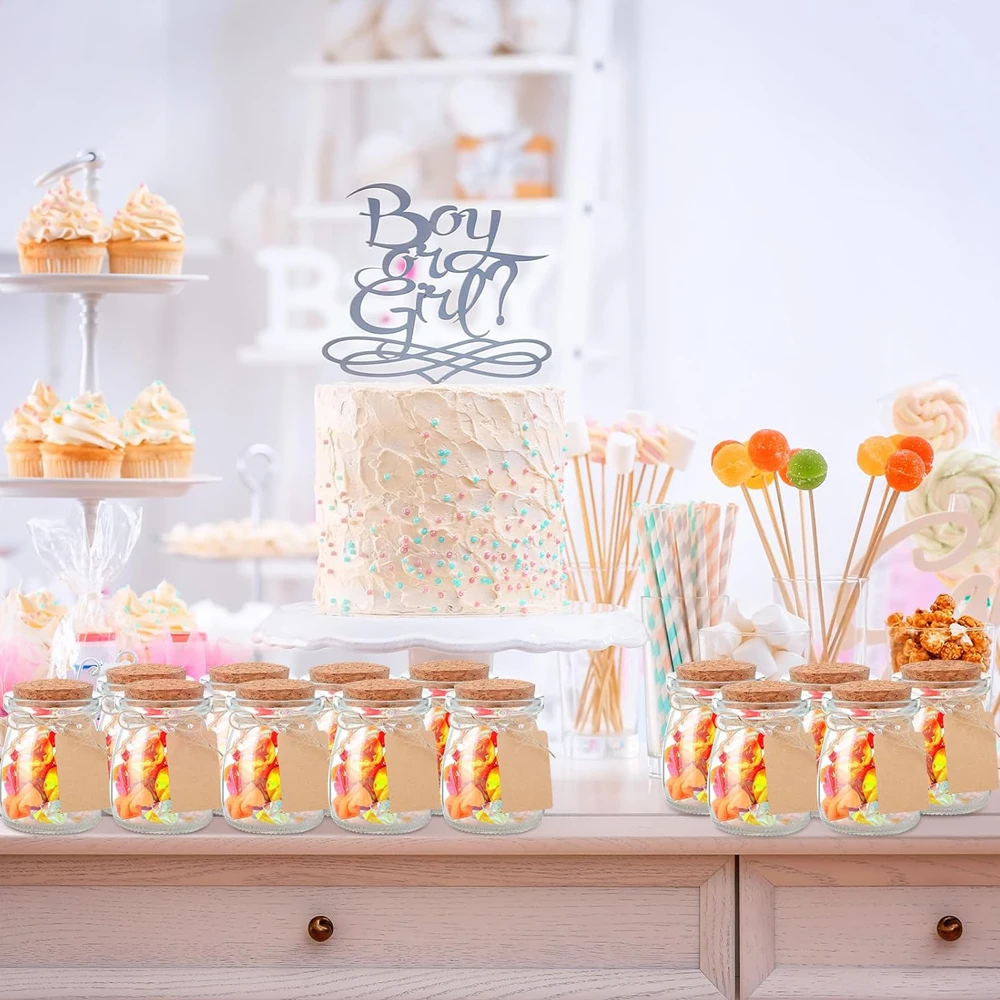 برطمانات زجاجية مع غطاء من الفلين 3.4 أونصة زجاجات زجاجية صغيرة مع ملصقات حاويات حلوى خيوط لحفلات الزفاف والبودنغ