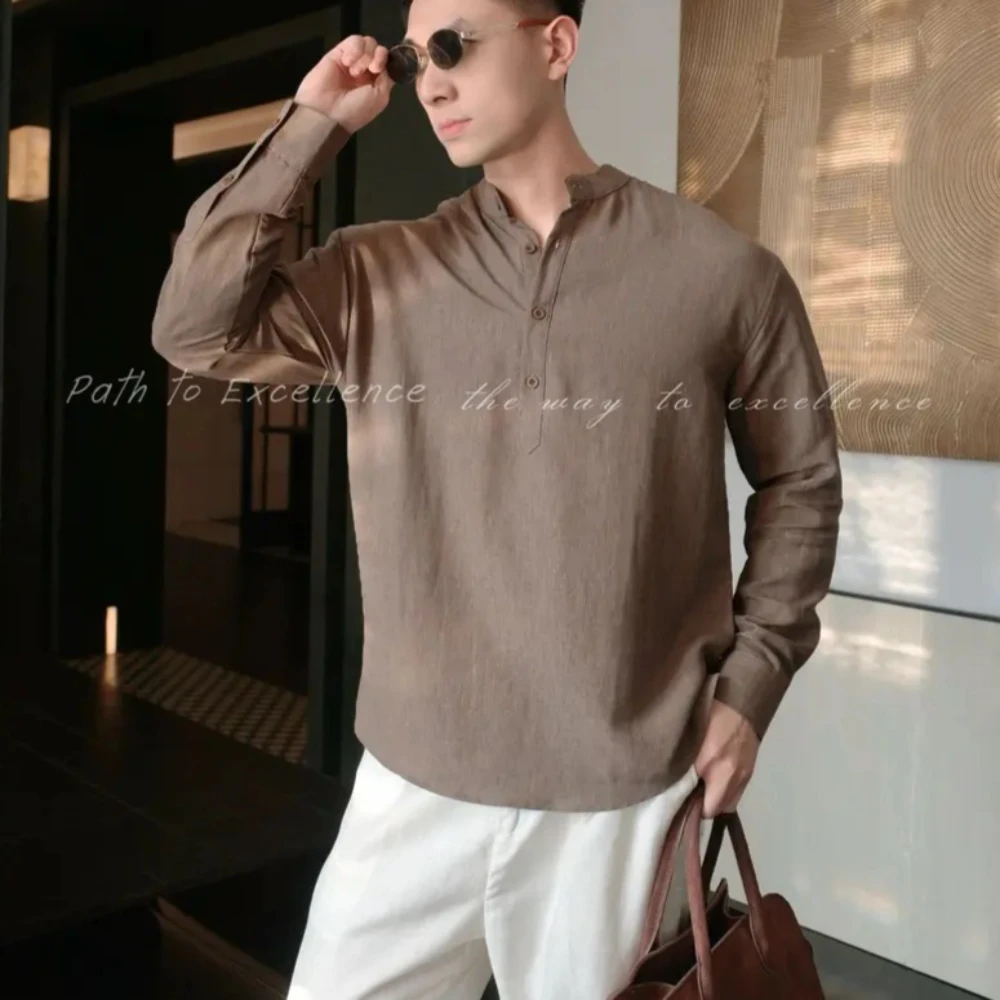 British Style Henry Collar Lyocell Linen Shirt Men's Versatile Loose Breathable Top Casual Business Pullover Shirt Men Clothing