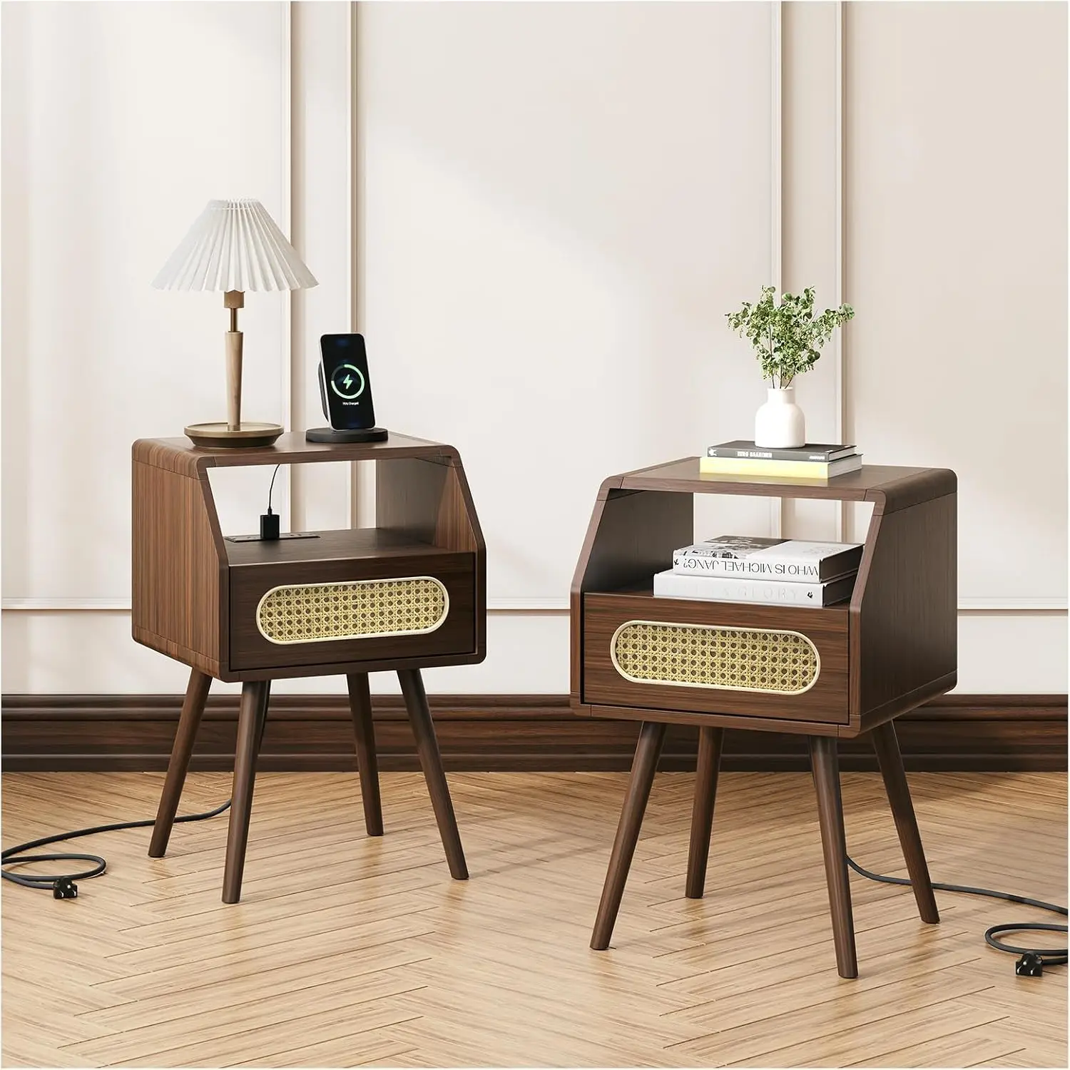 Nightstands Set of 2,Mid Century Modern with Charging Station,Rattan Side Table,Wood Bedside Tables for Bedroom,Walnut