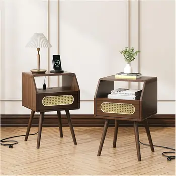 Image Nightstands Set of 2,Mid Century Modern with Charging Station,Rattan Side Table,Wood Bedside Tables for Bedroom,Walnut