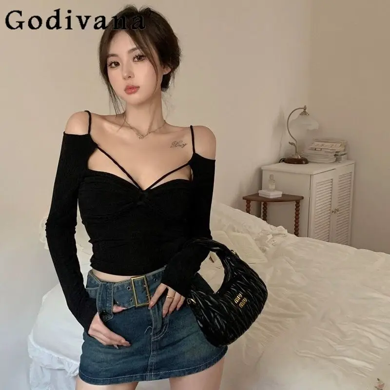 

L-4XL Large Size Temperament Black Long Sleeve Short T-Shirt Cool Women's Suspender Sexy V-Neck Hollow Backless Lace-Up Slim Top