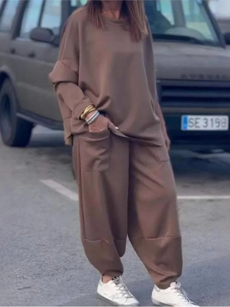 Ladies O Neck Long Sleeve Solid Pullover Top Loose Holiday 2 Piece Sets Fashion New Black Sports Casual Suit For Women Autumn