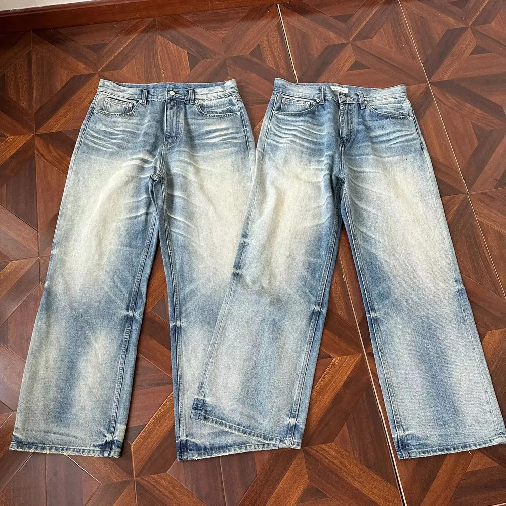 Men's Retro Cat Whiskers Vintage Street Jeans Casual Spring Pants Boys Bottom High Waist Sweatpants Male Wide-leg Denim Trousers