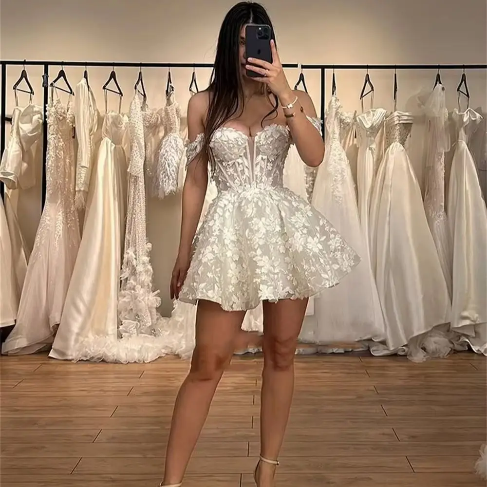 

Giyu Modern 3D Lace Short Wedding Dresses Sweetheart Boning Fish Off Shoulder Modern Bridal Gowns Vestido de noiva US Women 2025