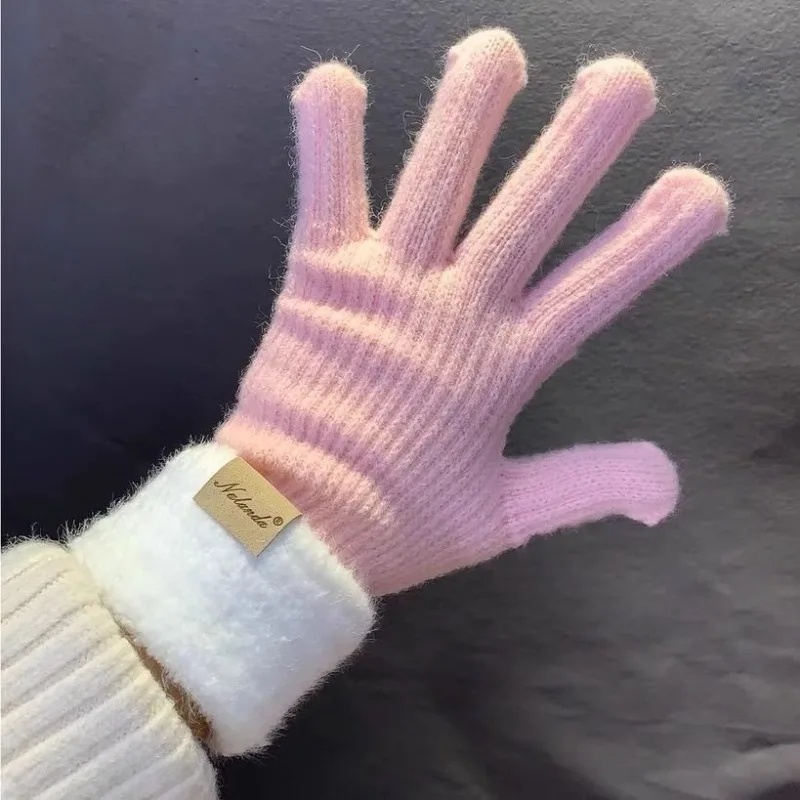Premium Korean Style Cute Soft Waxy Solid Color Fingerless and Long Finger Touch Screen Winter Warm Wool Gloves for Students