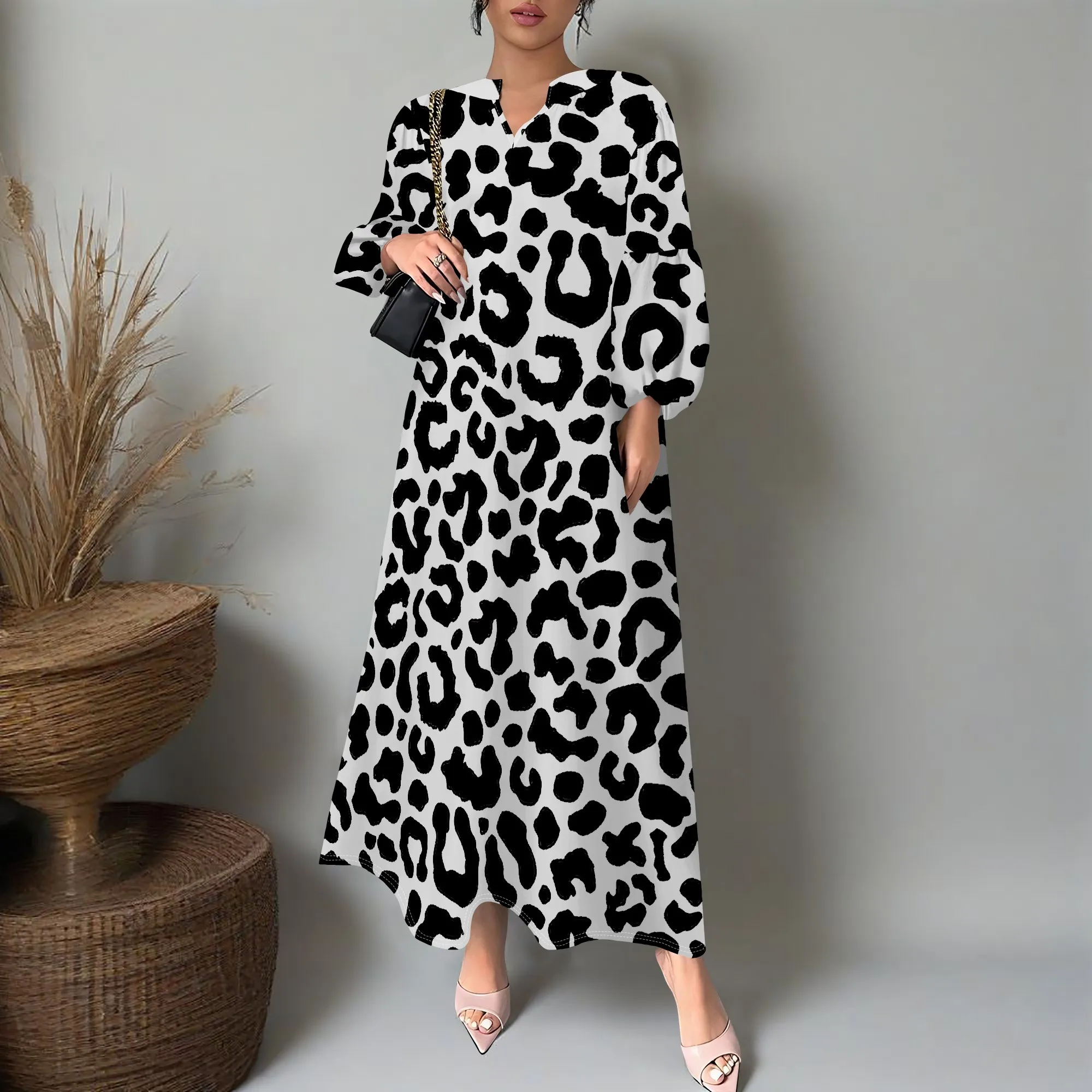

EQQZD Fashion Long Sleeve Pocket Maxi Dress, Standard Size Leopard Print Dress for Women's Daily Wear