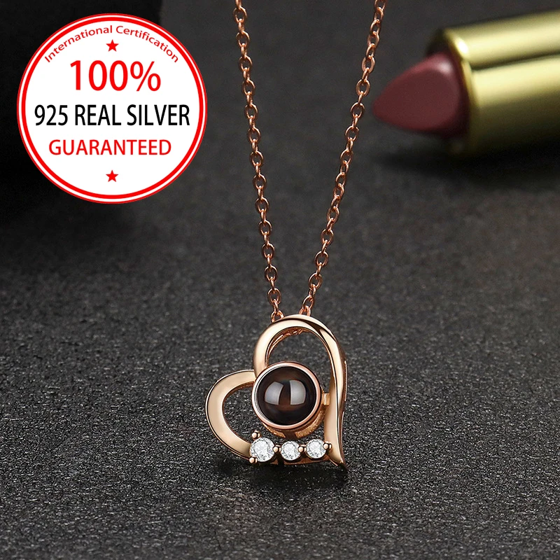 S925 Silvery Custom Color Picture Projection Necklace Zircon Heart Pendant For Mom Girlfriend 2025 Hot Valentine Romantic Gifts