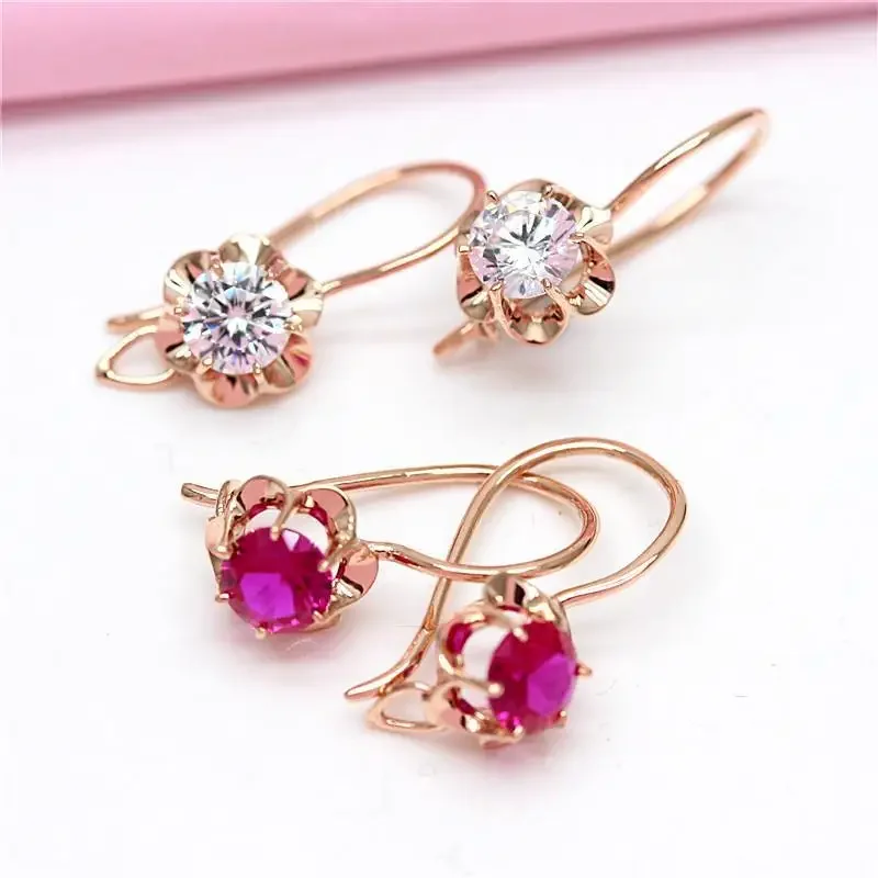 Exquisite Party Earrings Small Sweet Red Crystal Flower Earrings for Women Gemstone Charms Copper Plated Rose Gold Jewelry