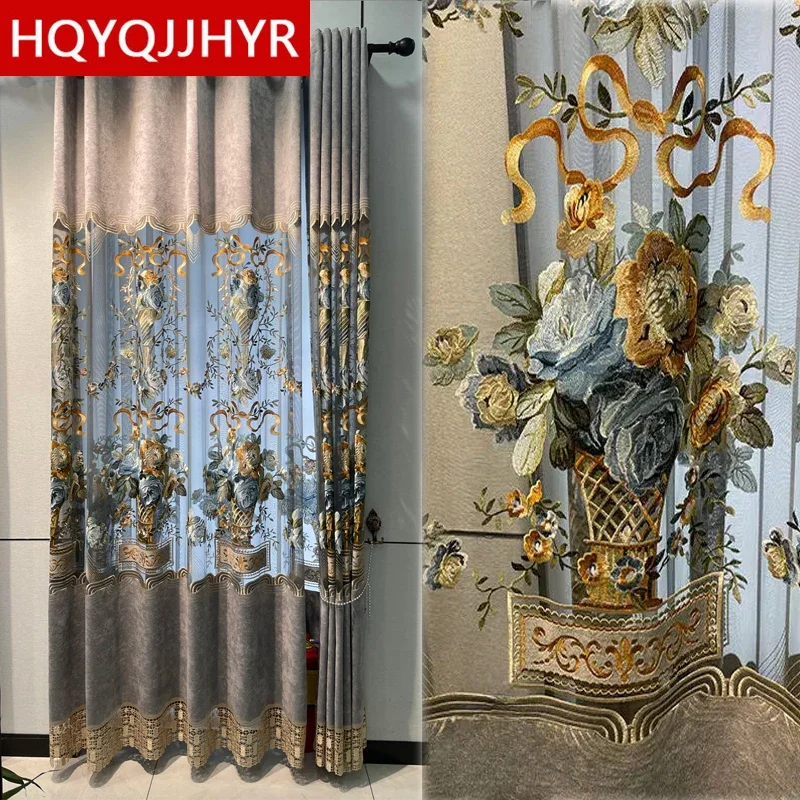 Luxury Europe Embroidered Grey Blue Villa Curtains for Living Room Custom High Quality Bedroom Kitchen Hotel Decoration Curtains