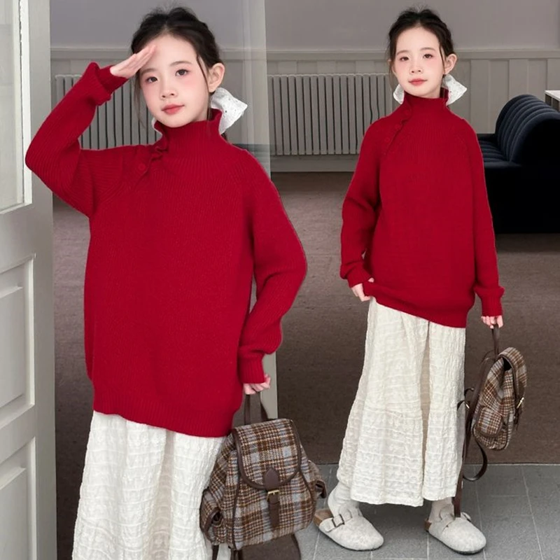 

New Autumn Kids Red Turtleneck Sweater With Buttons For Girl Fashion Spring Knitted Clothes Outfit Child Stylish Street Knitwear