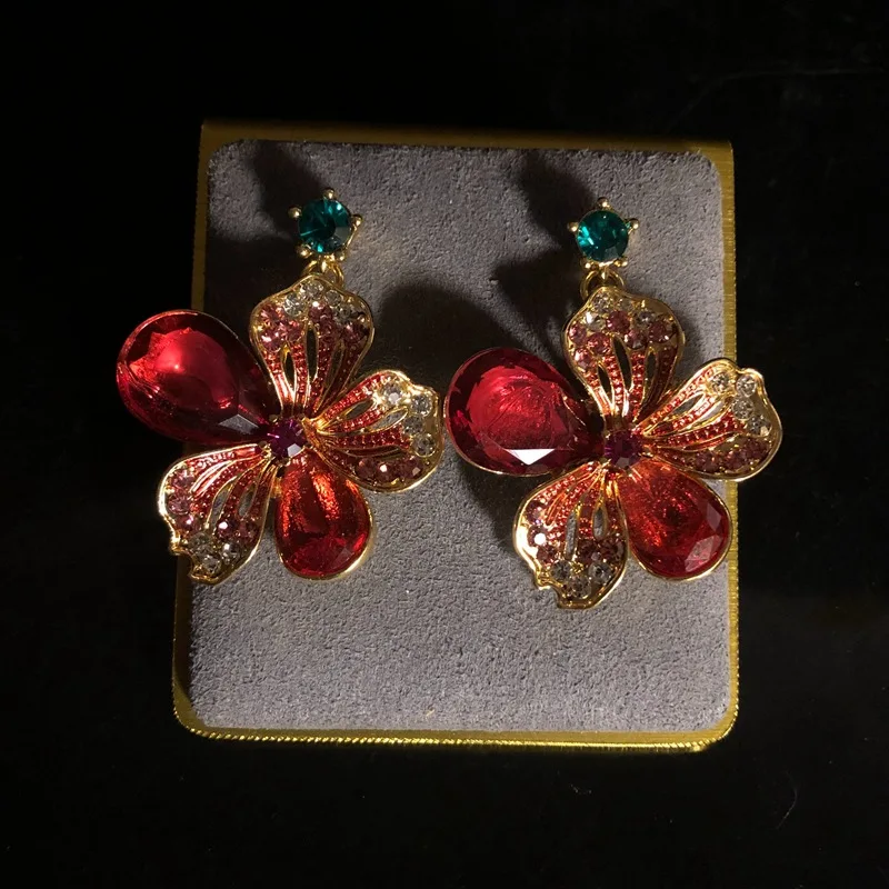 Retro flower stud earrings colored gemstone enamel hand-painted pretty earrings